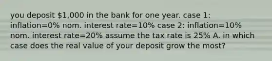 you deposit 1,000 in the bank for one year. case 1: inflation=0% nom. interest rate=10% case 2: inflation=10% nom. interest rate=20% assume the tax rate is 25% A. in which case does the real value of your deposit grow the most?