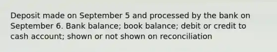 Deposit made on September 5 and processed by the bank on September 6. Bank balance; book balance; debit or credit to cash account; shown or not shown on reconciliation