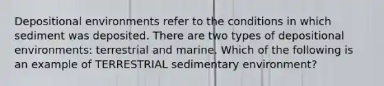 Depositional environments refer to the conditions in which sediment was deposited. There are two types of depositional environments: terrestrial and marine. Which of the following is an example of TERRESTRIAL sedimentary environment?