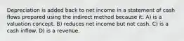 Depreciation is added back to net income in a statement of cash flows prepared using the indirect method because it: A) is a valuation concept. B) reduces net income but not cash. C) is a cash inflow. D) is a revenue.