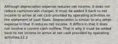 Although depreciation expense reduces net income, it does not reduce cash(noncash charge). It must be added it back to net income to arrive at net cash provided by operating activities on the statement of cash flows. Depreciation is similar to any other expense in that it reduces net income. It differs in that it does not involve a current cash outflow. That is why it must be added back to net income to arrive at net cash provided by operating activities.12.2