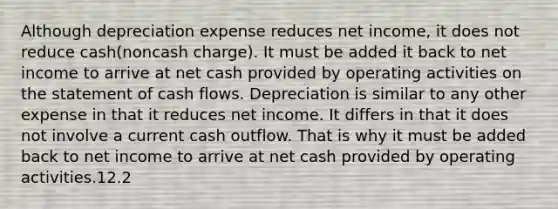 Although depreciation expense reduces net income, it does not reduce cash(noncash charge). It must be added it back to net income to arrive at net cash provided by operating activities on the statement of cash flows. Depreciation is similar to any other expense in that it reduces net income. It differs in that it does not involve a current cash outflow. That is why it must be added back to net income to arrive at net cash provided by operating activities.12.2