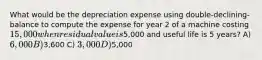 What would be the depreciation expense using double-declining-balance to compute the expense for year 2 of a machine costing 15,000 when residual value is5,000 and useful life is 5 years? A) 6,000 B)3,600 C) 3,000 D)5,000