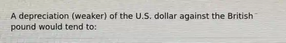 A depreciation (weaker) of the U.S. dollar against the British pound would tend to: