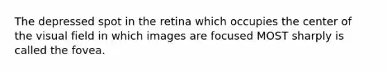 The depressed spot in the retina which occupies the center of the visual field in which images are focused MOST sharply is called the fovea.