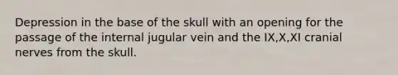 Depression in the base of the skull with an opening for the passage of the internal jugular vein and the IX,X,XI cranial nerves from the skull.