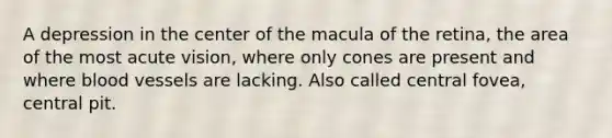 A depression in the center of the macula of the retina, the area of the most acute vision, where only cones are present and where blood vessels are lacking. Also called central fovea, central pit.