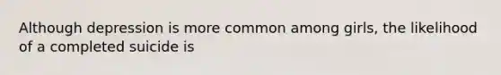Although depression is more common among girls, the likelihood of a completed suicide is
