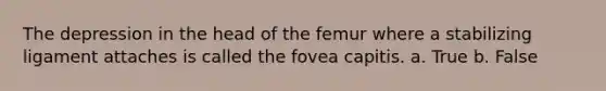 The depression in the head of the femur where a stabilizing ligament attaches is called the fovea capitis. a. True b. False