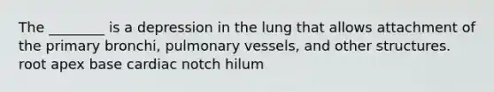 The ________ is a depression in the lung that allows attachment of the primary bronchi, pulmonary vessels, and other structures. root apex base cardiac notch hilum