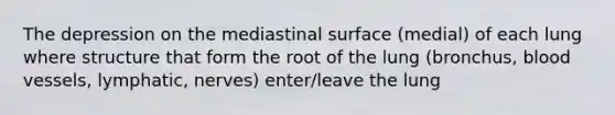 The depression on the mediastinal surface (medial) of each lung where structure that form the root of the lung (bronchus, blood vessels, lymphatic, nerves) enter/leave the lung