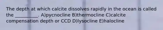 The depth at which calcite dissolves rapidly in the ocean is called the __________. A)pycnocline B)thermocline C)calcite compensation depth or CCD D)lysocline E)halocline