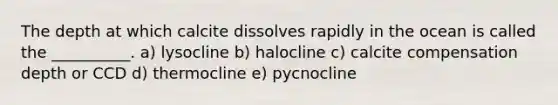 The depth at which calcite dissolves rapidly in the ocean is called the __________. a) lysocline b) halocline c) calcite compensation depth or CCD d) thermocline e) pycnocline