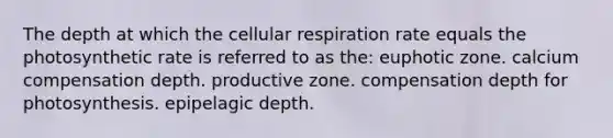 The depth at which the cellular respiration rate equals the photosynthetic rate is referred to as the: euphotic zone. calcium compensation depth. productive zone. compensation depth for photosynthesis. epipelagic depth.