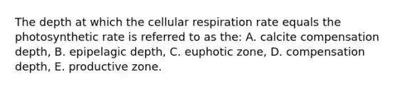 The depth at which the cellular respiration rate equals the photosynthetic rate is referred to as the: A. calcite compensation depth, B. epipelagic depth, C. euphotic zone, D. compensation depth, E. productive zone.