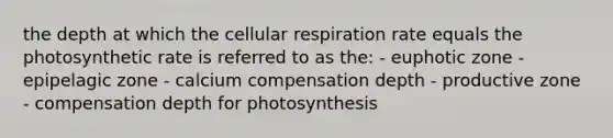 the depth at which the cellular respiration rate equals the photosynthetic rate is referred to as the: - euphotic zone - epipelagic zone - calcium compensation depth - productive zone - compensation depth for photosynthesis