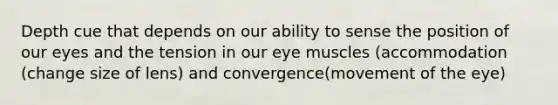 Depth cue that depends on our ability to sense the position of our eyes and the tension in our eye muscles (accommodation (change size of lens) and convergence(movement of the eye)