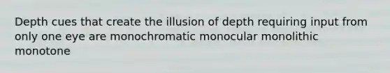 Depth cues that create the illusion of depth requiring input from only one eye are monochromatic monocular monolithic monotone