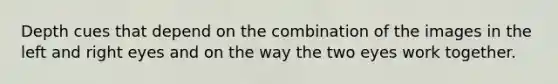 Depth cues that depend on the combination of the images in the left and right eyes and on the way the two eyes work together.
