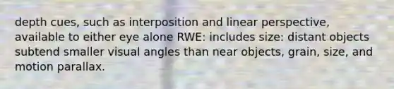 depth cues, such as interposition and linear perspective, available to either eye alone RWE: includes size: distant objects subtend smaller visual angles than near objects, grain, size, and motion parallax.