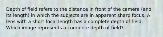 Depth of field refers to the distance in front of the camera (and its length) in which the subjects are in apparent sharp focus. A lens with a short focal length has a complete depth of field. Which image represents a complete depth of field?