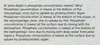 At what depth is phosphate concentration lowest? Why? Phosphate concentration is lowest at the bottom of the mesopelagic zone due to uptake by photosynthetic algae. Phosphate concentration is lowest at the bottom of the ocean, in the abyssopelagic zone, due to uptake by fish. Phosphate concentration is lowest at the surface due to mixing with the atmosphere. Phosphate concentration is lowest at the bottom of the bathypelagic zone due to mixing with deep water from polar regions. Phosphate concentration is lowest at the surface due to uptake by photosynthetic algae.