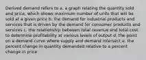 Derived demand refers to a. a graph relating the quantity sold and price, which shows maximum number of units that will be sold at a given price b. the demand for industrial products and services that is driven by the demand for consumer products and services c. the relationship between total revenue and total cost to determine profitability at various levels of output d. the point on a demand curve where supply and demand intersect e. the percent change in quantity demanded relative to a percent change in price
