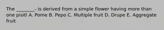 The ________- is derived from a simple flower having <a href='https://www.questionai.com/knowledge/keWHlEPx42-more-than' class='anchor-knowledge'>more than</a> one pisitl A. Pome B. Pepo C. Multiple fruit D. Drupe E. Aggregate fruit