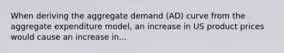 When deriving the aggregate demand (AD) curve from the aggregate expenditure model, an increase in US product prices would cause an increase in...