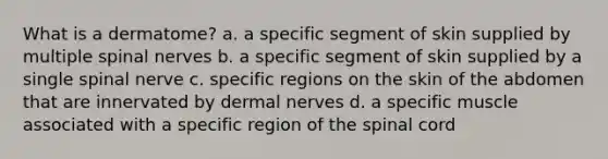 What is a dermatome? a. a specific segment of skin supplied by multiple spinal nerves b. a specific segment of skin supplied by a single spinal nerve c. specific regions on the skin of the abdomen that are innervated by dermal nerves d. a specific muscle associated with a specific region of the spinal cord