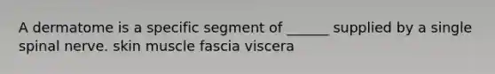 A dermatome is a specific segment of ______ supplied by a single spinal nerve. skin muscle fascia viscera