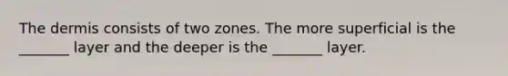 <a href='https://www.questionai.com/knowledge/kEsXbG6AwS-the-dermis' class='anchor-knowledge'>the dermis</a> consists of two zones. The more superficial is the _______ layer and the deeper is the _______ layer.