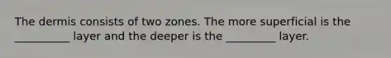 The dermis consists of two zones. The more superficial is the __________ layer and the deeper is the _________ layer.