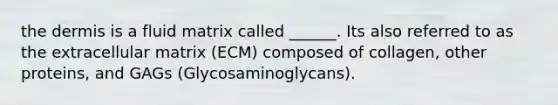 the dermis is a fluid matrix called ______. Its also referred to as the extracellular matrix (ECM) composed of collagen, other proteins, and GAGs (Glycosaminoglycans).