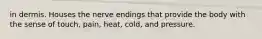 in dermis. Houses the nerve endings that provide the body with the sense of touch, pain, heat, cold, and pressure.