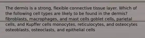 <a href='https://www.questionai.com/knowledge/kEsXbG6AwS-the-dermis' class='anchor-knowledge'>the dermis</a> is a strong, flexible <a href='https://www.questionai.com/knowledge/kYDr0DHyc8-connective-tissue' class='anchor-knowledge'>connective tissue</a> layer. Which of the following cell types are likely to be found in the dermis? fibroblasts, macrophages, and mast cells goblet cells, parietal cells, and Kupffer cells monocytes, reticulocytes, and osteocytes osteoblasts, osteoclasts, and epithelial cells