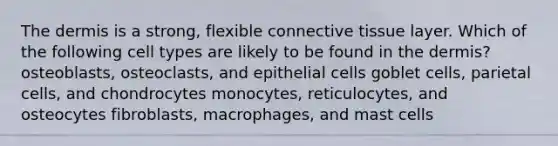 <a href='https://www.questionai.com/knowledge/kEsXbG6AwS-the-dermis' class='anchor-knowledge'>the dermis</a> is a strong, flexible <a href='https://www.questionai.com/knowledge/kYDr0DHyc8-connective-tissue' class='anchor-knowledge'>connective tissue</a> layer. Which of the following cell types are likely to be found in the dermis? osteoblasts, osteoclasts, and epithelial cells goblet cells, parietal cells, and chondrocytes monocytes, reticulocytes, and osteocytes fibroblasts, macrophages, and mast cells