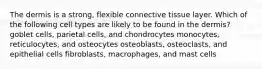 The dermis is a strong, flexible connective tissue layer. Which of the following cell types are likely to be found in the dermis? goblet cells, parietal cells, and chondrocytes monocytes, reticulocytes, and osteocytes osteoblasts, osteoclasts, and epithelial cells fibroblasts, macrophages, and mast cells