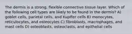 The dermis is a strong, flexible connective tissue layer. Which of the following cell types are likely to be found in the dermis? A) goblet cells, parietal cells, and Kupffer cells B) monocytes, reticulocytes, and osteocytes C) fibroblasts, macrophages, and mast cells D) osteoblasts, osteoclasts, and epithelial cells