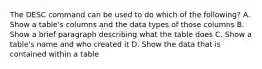 The DESC command can be used to do which of the following? A. Show a table's columns and the data types of those columns B. Show a brief paragraph describing what the table does C. Show a table's name and who created it D. Show the data that is contained within a table