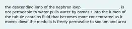 the descending limb of the nephron loop ____________________. is not permeable to water pulls water by osmosis into the lumen of the tubule contains fluid that becomes more concentrated as it moves down the medulla is freely permeable to sodium and urea