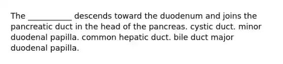 The ___________ descends toward the duodenum and joins the pancreatic duct in the head of the pancreas. cystic duct. minor duodenal papilla. common hepatic duct. bile duct major duodenal papilla.