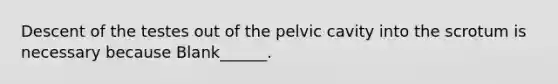 Descent of the testes out of the pelvic cavity into the scrotum is necessary because Blank______.