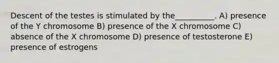 Descent of the testes is stimulated by the__________. A) presence of the Y chromosome B) presence of the X chromosome C) absence of the X chromosome D) presence of testosterone E) presence of estrogens