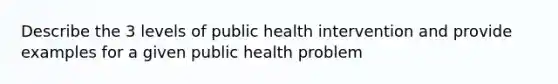 Describe the 3 levels of public health intervention and provide examples for a given public health problem