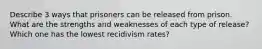 Describe 3 ways that prisoners can be released from prison. What are the strengths and weaknesses of each type of release? Which one has the lowest recidivism rates?