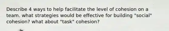 Describe 4 ways to help facilitate the level of cohesion on a team. what strategies would be effective for building "social" cohesion? what about "task" cohesion?