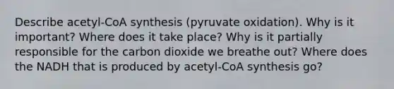 Describe acetyl-CoA synthesis (pyruvate oxidation). Why is it important? Where does it take place? Why is it partially responsible for the carbon dioxide we breathe out? Where does the NADH that is produced by acetyl-CoA synthesis go?