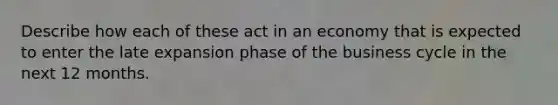 Describe how each of these act in an economy that is expected to enter the late expansion phase of the business cycle in the next 12 months.