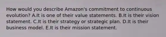 How would you describe Amazon's commitment to continuous evolution? A.It is one of their value statements. B.It is their vision statement. C.It is their strategy or strategic plan. D.It is their business model. E.It is their mission statement.